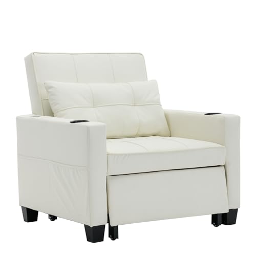 Convertible Living Room Chairs Futon Chair Bed 3-in-1 Pull Out Sleeper Chair Beds with USB Ports,Wear-Resistant and Anti-Scratch for Living Room (Whit