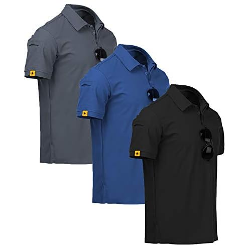 ZITY 3 Pack Mens Polo Shirt Short Sleeve Sports Performance Business Casual Golf Shirts for Men Collared Tactical T-Shirts Large Black Blue Grey