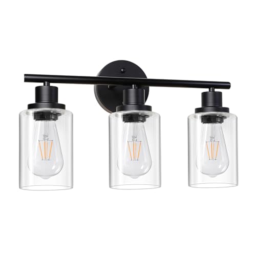 Unicozin Modern Bathroom Light Fixtures, 3 Light Vanity Lights, Black Wall Lamp with Clear Glass for Bathroom, Mirror, Living Room, Bedroom, Hallway,