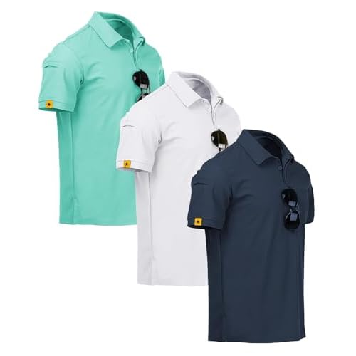 ZITY 3 Pack Mens Polo Shirt Short Sleeve Sports Performance Business Casual Golf Shirts for Men Collared Tactical T-Shirts Medium Turquoise White Dark