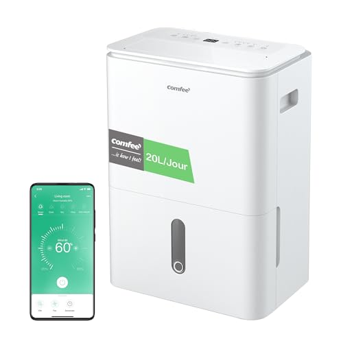 COMFEE' Déshumidificateur 2-EN-1,Elimine l'humidité jusqu'à 20L-Jour, Purification d'air avec ioniseur, 4 Modes, Fonction Air Swing, Contrôle APP,