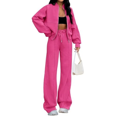 Womens 2 Piece Sweatsuits Set Zip Up Sweatshirt Wide Leg Sweatpants Loungewear Outfit Red X-Large