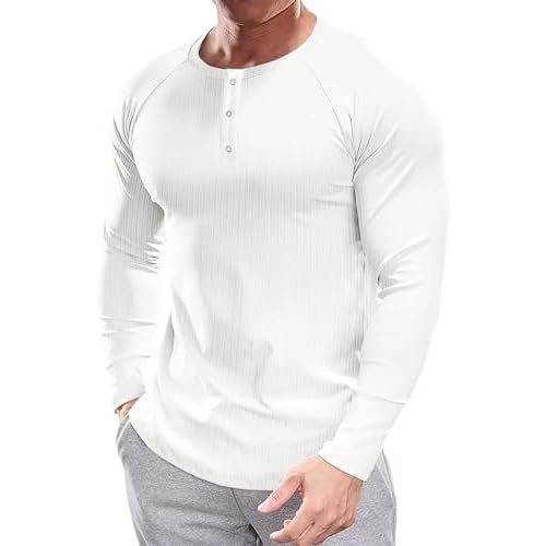 Muscle Cmdr Men's Stretch Henley T Shirts Slim Fit Short & Long Sleeve Casual Stylish Tee Business Top A-white X-Large