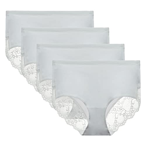 LIQQY Women's 4 Pack High Rise Underwear Combed Cotton Brief Breathable Lace Full Coverage Panty Medium White