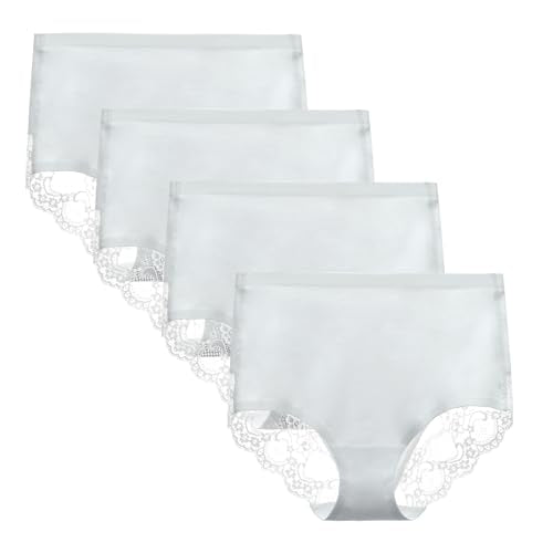 Women's Combed Cotton Lace Full Coverage High Rise Seamless Brief Panty Underwear 4 Pack Small White