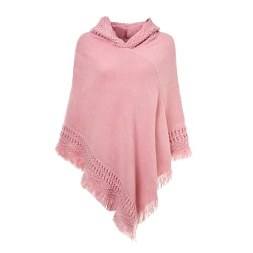 Ferand Ladies' Hooded Cape with Fringed Hem, Crochet Poncho Knitting Patterns for Women One Size Pink