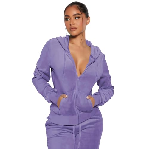 yidengymx Womens 2 Piece Velour Tracksuit Two Piece Soft Velvet Hooded Outfits for Women X-Small Hoodie-Jogger Pants-light Purple
