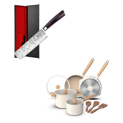 imarku 7-inch Nakiri Knife Vegetable Meat Cleaver Knife and 10 Pcs Granite Cookware Set, PFOA Free, Oven Safe