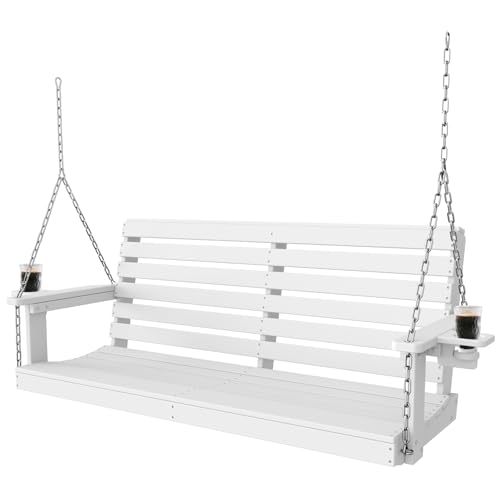 Porch Swings,2 Seat Patio Chair with Two Cup Holders,HDPE Waterproof Bench for Courtyard-White