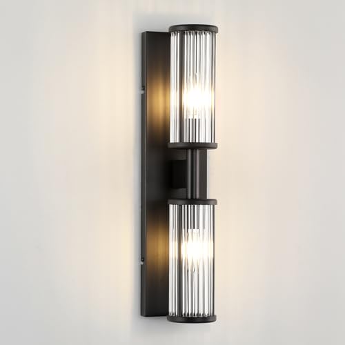 Modern Vanity Light Bathroom Wall Sconce, 2-Light Matte Black Industrial Fixture with Glass Shade, Adjustable Mirror Light for Bedroom, Hallway, Entry