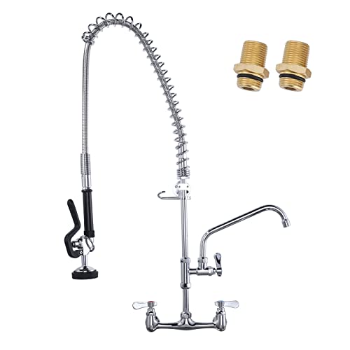 Commercial Kitchen Faucet Wall Mount with Pre-Rinse Sprayer 36" Height Wall Mount Kitchen Sink Faucet 8 Inch Center with 10" Add-on Swing Spout Faucet