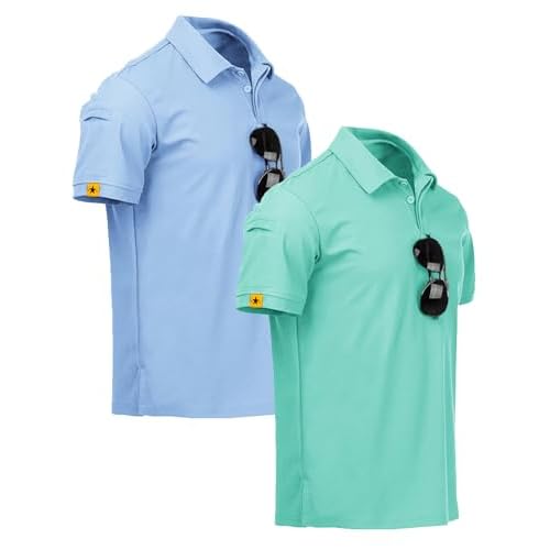 ZITY Mens 2 Pack Polo Shirts Short Sleeve Performance Sports Golf Shirt for Men Tactical Shirt Large Moon Turquoise Blue