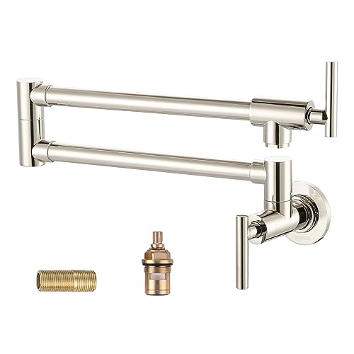 WOWOW Pot Filler Faucet Polished Nickel, Solid Brass Pot Filler Wall Mount Kitchen Stove Faucet with Double Joint Swing Arms