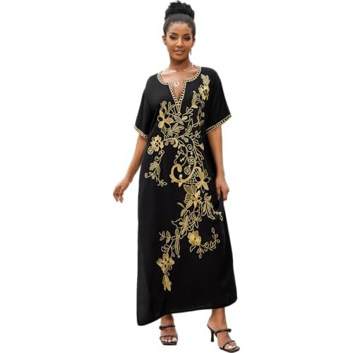 Women's Embroidery Swimsuit Cover Ups Beach Cover Up Caftan Plus Size Vneck Rainbow Ethnic Print Kaftan Batwing One Size 23006-0