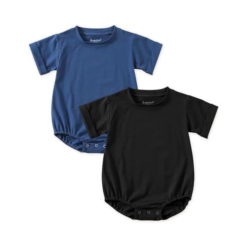 Jimonda Baby Bubble Romper Boy Girl Solid Color T-Shirt Outfits Short Sleeve Bodysuit Organic Cotton 2Pcs Blue Black 9-12 Months