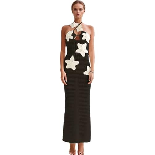RanRui Women's Halter 3D Flower Knitted Hollow Out Beach Dress balckless Open Back Swimsuit Cover up Holiday Party Dress Black+white Flower Large