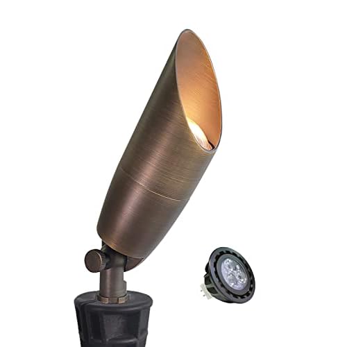 MALORY Solid Brass Landscape Spotlight 1-Pack with Bulb(S06), Low Voltage Front and Backyard Landscape Lighting with Large Rugged Slot Spike & Wire Co