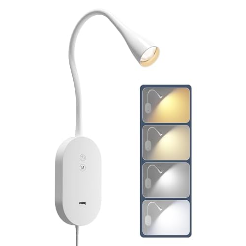 Wall Reading Light for Bed, Book Light with CRI 95+ for Eye Care, 4 Color Modes, 5 Dimmable, 2A USB Output, Memory Function, 4-Hour Auto Off, Flexible
