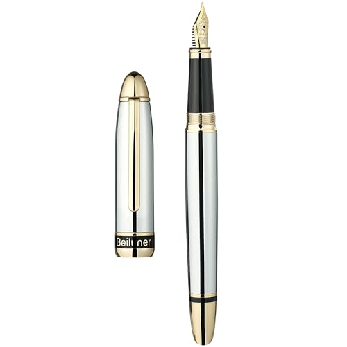BEILUNER 315 Silver Chrome Fountain Pen,Stunning Luxury Pens with 24K Gold Accents, Gorgeous 24K Gilded Nib(Fine), Ink Converter,Fancy Pen Gift for Me