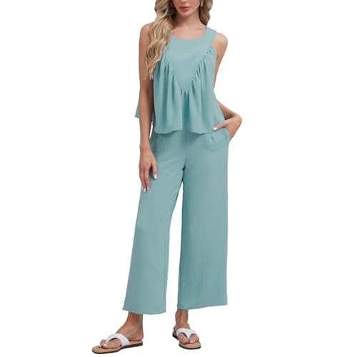 FANCYINN Women's Summer 2 Piece Outfits Peplum Ruffle Sleeveless Babydoll Tank Top Wide Leg Pants Set 2025 Tracksuit Pale Blue Small