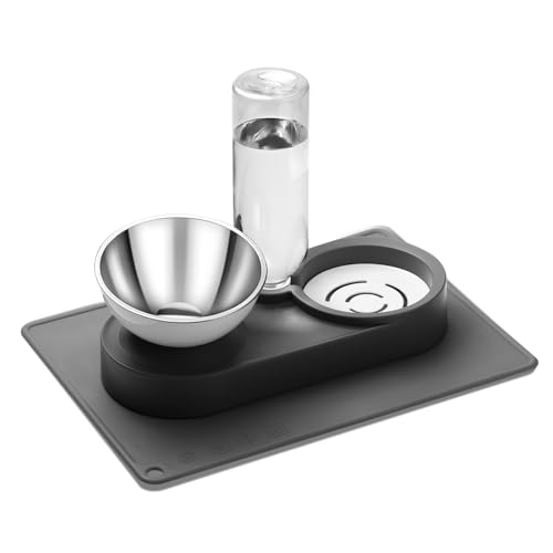 Marchul 2-in-1 Dog Bowl, Elevated Cat Food and Water Bowl with No-Spill Mat, 15° Tilt Stainless Steel Dish + 500ml Leak-Proof Bottle, Easy Clean Desi