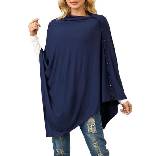 Ferand Women's Lightweight Poncho Tops Versatile Buttoned Shawl Wraps for Spring Summer Navy Blue