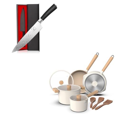 imarku 8 Inch Chef Knife Japanese SUS440A Stainless Steel and 10 Pcs Granite Cookware Set, Removable Handle Pots and Pans