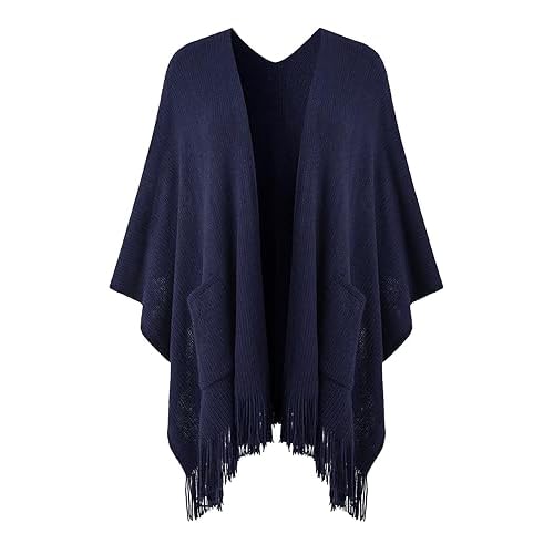 Ferand Shawl Wraps for Women, Cozy Lightweight Poncho Cape with Pockets, Warm for Fall Winter Travel One Size Navy Blue
