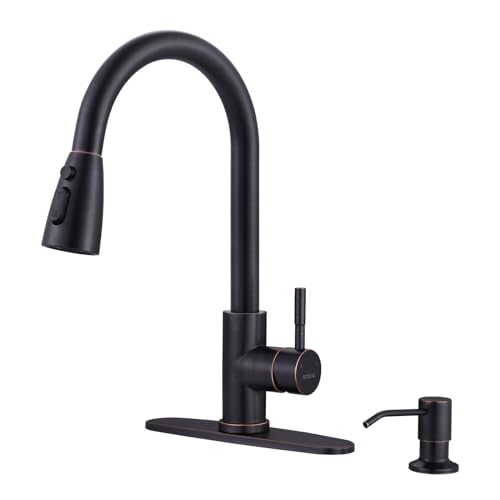 Oil-Rubbed Bronze Kitchen Faucet with Soap Dispenser, WOWOW Stainless Steel Kitchen Faucets for Sink, Pull Down Kitchen Faucet Single Handle High Arc