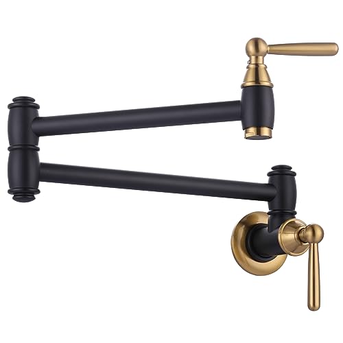 Pot Filler Faucet Black Gold: ARCORA Modern Pot Filler Wall Mount 2 Handle with Double Joint Swing Arms Brass Stove Faucet Black and Gold