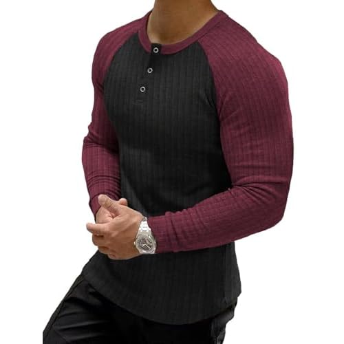 Muscle Cmdr Men's Ribbed Henley Shirt Short Sleeve Slim Fit Muscle Shirt Fitted Cotton Casual Long Sleeve Small Black & Red