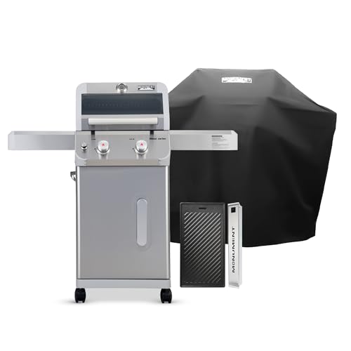 Monument Grills 2-Burner Stainless Steel Propane Gas Grill with Clear View Lid and Two Foldable Shelves, Mesa200S with Accessory Kit(4 items)