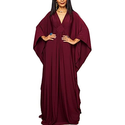 RanRui Caftans for Women Solid Color Chiffon Plus Size Kaftan Dresses Beach Cover Up V Neck Batwing Sleeve Caftans Loungewear 8-20 A-wine