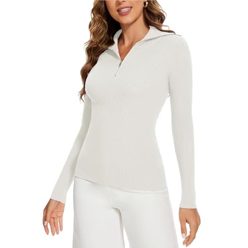Women's 2024 Fall Quarter Zip Lapel V Neck Long Sleeve Ribbed Knit Casual Slim Pullover Sweater Tops White XX-Large