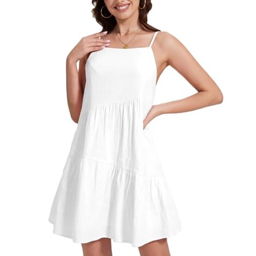 FANCYINN Women's 2025 Summer Mini Dress Sleeveless Spaghetti Strap,Backless Tiered Swing Dress Beach Wedding Guest,Vacation White X-Large