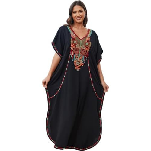 Women's Embroidery Swimsuit Cover Ups Beach Cover Up Caftan Plus Size Vneck Rainbow Ethnic Print Kaftan Batwing X-Large C0 Black