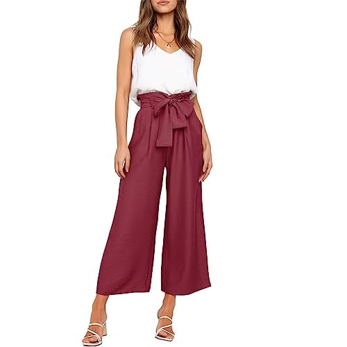 FANCYINN Womens 2 Piece Set V Neck Tank Wide Strap Tops High Waisted Cropped Paper Bag Pants with Belt Large A-wine Red