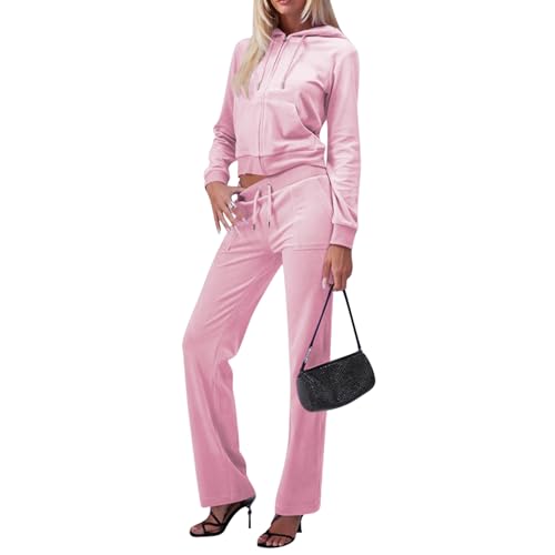yidengymx Two Piece Velvet Hooded Outfits for Women, Womens 2 Piece Velour Tracksuit Zip Up Sweatsuit with Cargo Pockets Small Hoodie-Cargo Pants-pink