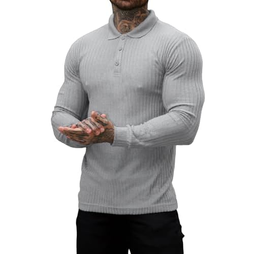 Muscle Cmdr Men's Cotton Muscle Shirts Slim Fit Business Casual Tee Long&Short Sleeve Ribbed Polo V Neck Shirt Medium Grey-Long