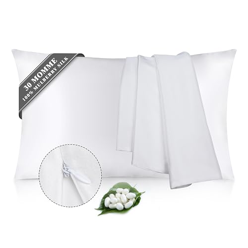 100% Pure Mulberry Silk Pillowcases: 30 Momme Soft White Silk Pillow Cases 6A High-Grade Smooth Cooling Pillow Cover for Sleeping Hair & Skin Health w