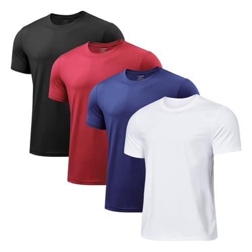 Arjen Kroos Men's Quick Dry Gym T-Shirts Multipack Workout Short Sleeve Shirts Athletic Running Undershirts Black-White-Red-Blue Medium