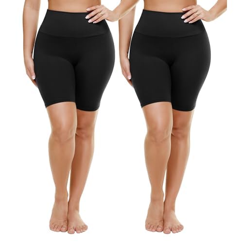 TNNZEET 2 Pack Plus Size Biker Shorts for Women - 8" Black High Waisted Tummy Control Spandex Workout Shorts (XL-4XL) 4X-Large Black-Black