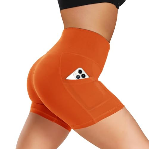Biker Shorts Women with Pockets - 3"-5"-8" High Waisted Soft Tummy Control Workout Shorts for Yoga Athletic Gym Fluorescent Orange XX-Large 5 IN