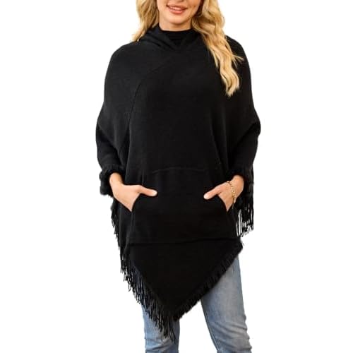 Ferand Ladies' Hooded Cape with Fringed Hem, Crochet Poncho Knitting Patterns for Women One Size Kangaroo Pockets: Black