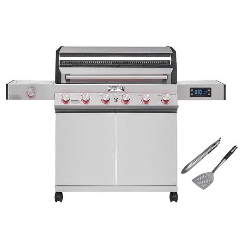 Monument Grills 6-Burner Convertible Natural Gas Smart bbq Grill Stainless Steel Denali 605 with Barbecue Tool Set - Spatula & Tongs D605 with BBQ Too