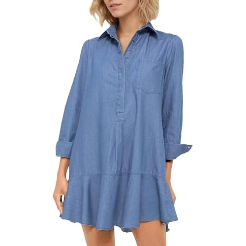 Women's Long Sleeve Denim Shirt Dress Flowy Babydoll Mini Button Down Loose Fit Casual Party Spring Summer Tunic Blue Medium
