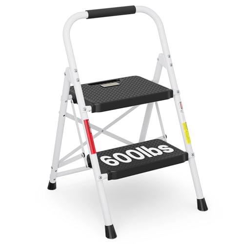 BONTEC 2-Step Ladder, Folding Step Stool, 600lbs Max Load Capacity, Sturdy Steel, Non-Slip Pedals, Lightweight, Portable Steel Ladder with Convenient