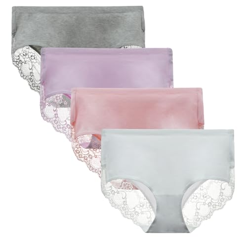 LIQQY Women's 4 Pack High Rise Underwear Combed Cotton Brief Breathable Lace Full Coverage Panty Small Grey-Purple-Pink-White