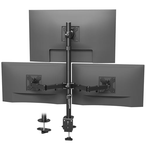 BONTEC Triple Monitor Desk Mount, Supports 13-32 Inch Screens, Full Motion Adjustability, VESA 75x75-100x100mm, Up to 22lbs per Arm, C Clamp and Gromm