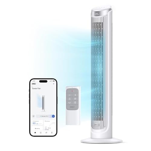 Dreo Smart Tower Fan for Bedroom, Standing Fans for Indoors, 90° Oscillating, 26ft-s Velocity Quiet Floor Fan with Remote, 12H Timer, Voice Control F